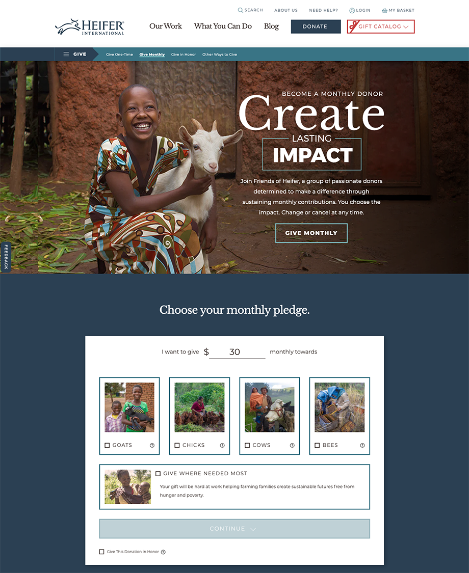 Heifer International's online monthly donation page