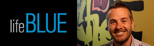 Photo of Lifeblue's first logo and a much younger Phillip Blackmon
