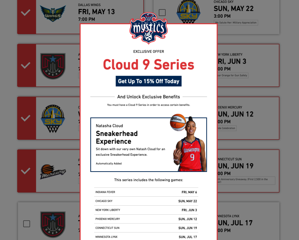 Screenshot of the Washington Mystics' Cloud 9 Series offer as part of its flex plan offerings