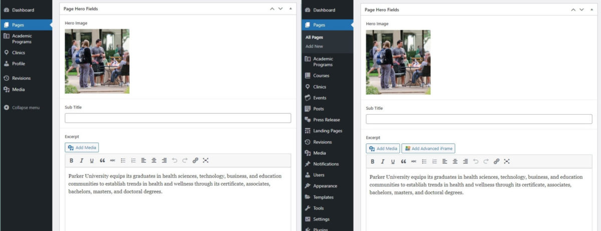 Two views of a WordPress page — one with limited options on the sidebar and one with a multitude of options.